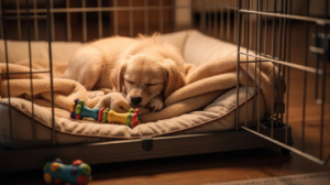 Puppy resting in crate to stop chewing everything