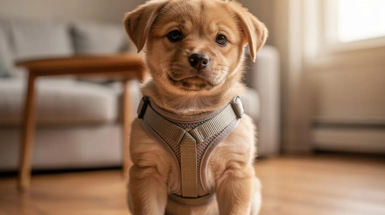 Leash training a puppy wearing a harness indoors