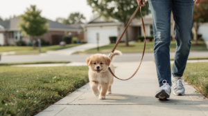 Leash training a puppy on neighborhood sidewalk