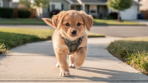 Leash training a puppy walking on a neighborhood sidewalk