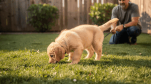 Owner potty training a puppy on a leash in the yard