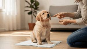Potty training a puppy indoors with a training pad