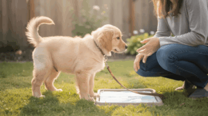Potty training a puppy outdoors with a training pad