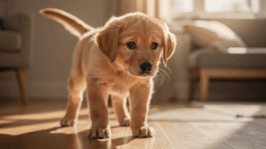 Hesitant golden retriever showing signs of a puppy fear period