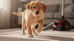 Nervous puppy reacting to a vacuum during a fear period