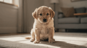 Timid golden retriever experiencing a puppy fear period