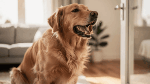 Golden retriever barking at sounds outside the home
