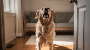 Golden retriever barking indoors near the front door