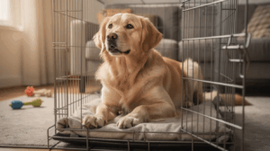 Crate training regression in a dog resting inside its crate