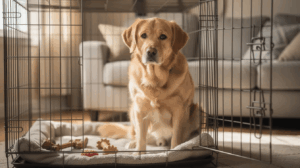 Crate training regression with dog sitting inside an open crate