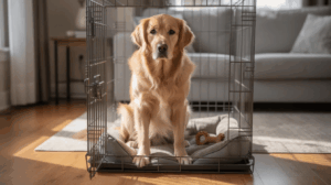 Crate training regression with dog sitting in an open crate