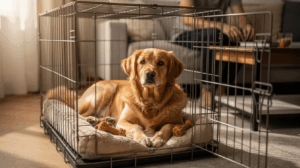 Crate training regression in a golden retriever lying down