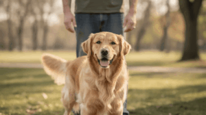Dog calming signals, golden retriever standing with handler.