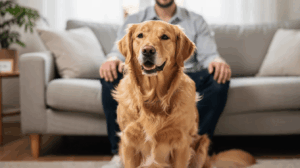 Dog calming signals, golden retriever sits in front of owner