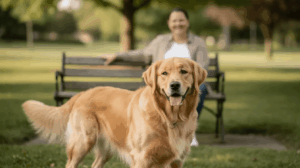 Dog calming signals, golden retriever beside a bench in park