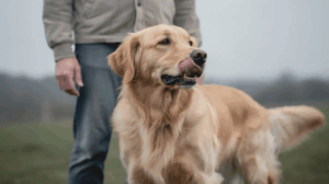 Dog calming signals, golden retriever licks nose near owner.