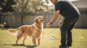 How to train a dog to come when called, leashed dog by owner