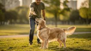 How to train a dog to come when called, dog looks at handler